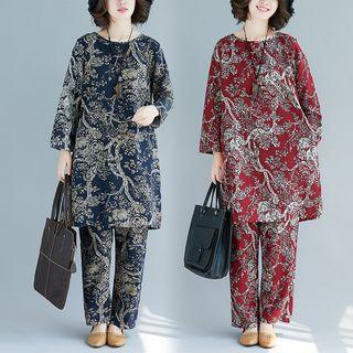 Set: Printed Long-sleeve Shift Dress + Cropped Straight-fit Pants