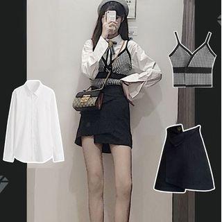 Set: Long Sleeve Plain Shirt + Houndstooth Vest + Asymmetric A-line Skirt