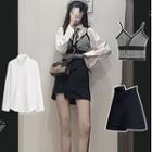 Set: Long Sleeve Plain Shirt + Houndstooth Vest + Asymmetric A-line Skirt