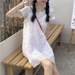 Short-sleeve Bow-accent Lace Top + V-neck Floral Print Dress