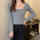 Square-neck Plain Long-sleeve Knit Top