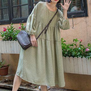 Set: Dotted 3/4-sleeve A-line Dress + Slipdress White Dots - Tea Green - One Size