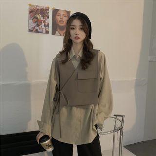 Plain Long-sleeve Shirt / Tie-strap Vest