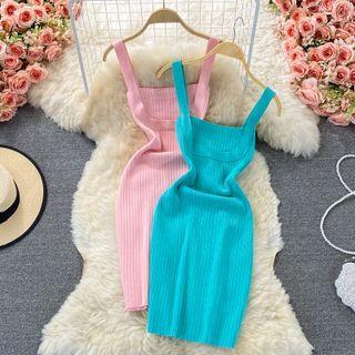 Wide Strap Ribbed Sheath Dress
