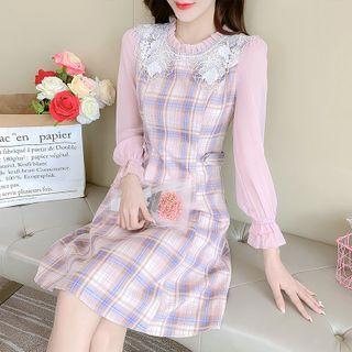 Lace Collar Plaid Panel Mock Two-piece Dress