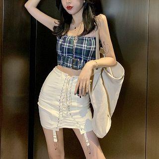 Plaid Tube Top / Lace-up Slim-fit Skirt