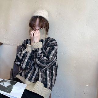 Turtleneck Color-block Plaid Knit Sweater