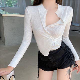 Turtle-neck Long Sleeve Button-up Crop Top