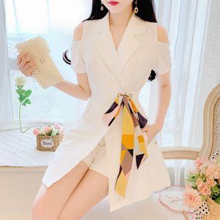 Set: Short-sleeve Cutout A-line Dress + Shorts