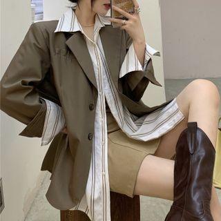 Plain Blazer / Spaghetti Strap Mini Dress / Striped Shirt