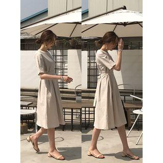 Tie-waist Linen Blend Midi A-line Dress