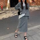 Long-sleeve T-shirt / Button Knit Hoodie / Midi Fitted Skirt