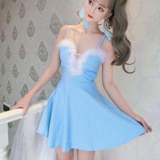 Spaghetti Strap Fluffy Mini A-line Dress