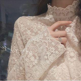 High-neck Embroidered Lace Long-sleeve Mesh Shirt