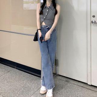 Collared Button-up Crop Tank Top Gray - One Size