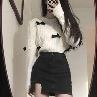 Ribbon Cable Knit Sweater / Denim Mini Pencil Skirt