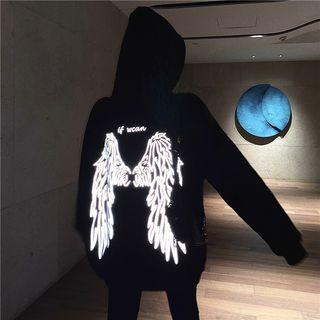 Wing Print Hoodie Black - One Size