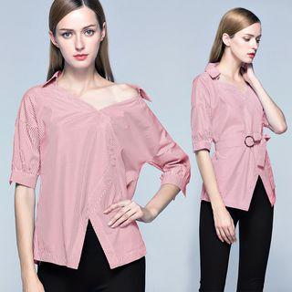 Elbow-sleeve Tie-waist Pinstripe Blouse