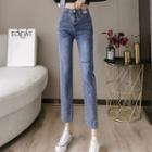 High-waist Straight-cut Ripped Cropped Jeans