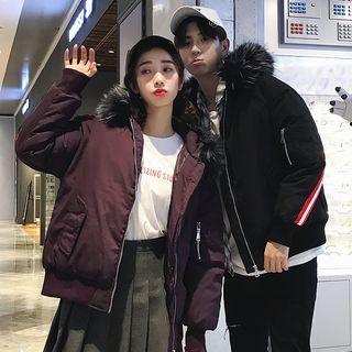 Couple Matching Contrast Trim Furry Hood Padded Jacket