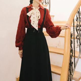 Set: Frayed Trim Blouse + Midi Suspender Dress