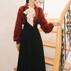 Set: Frayed Trim Blouse + Midi Suspender Dress