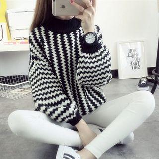Chevron High Neck Lantern-sleeve Sweater