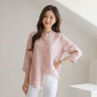 Mandarin-collar Tab-sleeve Linen Shirt