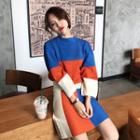 Set: Color-block Loose-fit Sweater + Knit Skirt