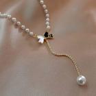 Bow Faux Pearl Alloy Necklace Gold & White - One Size
