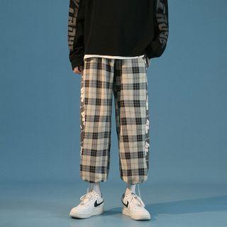 Bear Print Panel Plaid Drawstring-cuff Pants