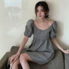 Puff-sleeve Plaid Mini A-line Dress Gray - One Size
