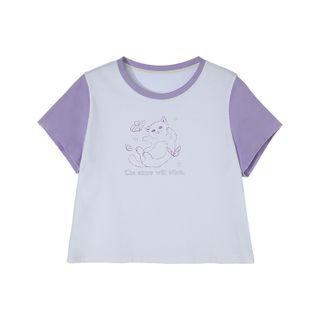 Cat Print Raglan Short Sleeve Tee