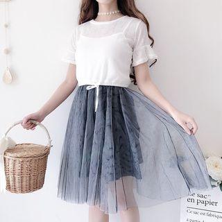 Set: Spaghetti Strap Mini Mesh Dress + Short-sleeve Top