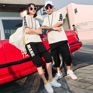 Couple Matching Set: Hooded Short-sleeve T-shirt + Cropped Lettering Sweatpants