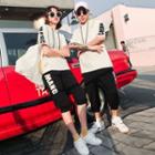 Couple Matching Set: Hooded Short-sleeve T-shirt + Cropped Lettering Sweatpants