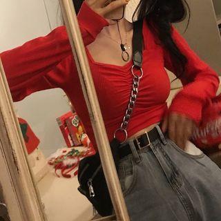 Cropped Long-sleeve Top Red - One Size