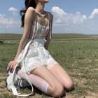 Denim Cropped Jacket / Lace Irregular Sleeveless Dress