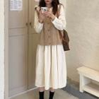 Puff-sleeve Midi A-line Dress / Cable Knit Buttoned Vest
