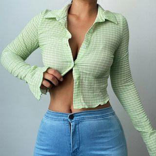 Bell-sleeve Ruffled-trim Plaid Crop Shirt