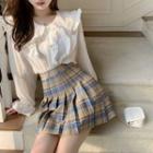 Long-sleeve Ruffled Blouse / Plaid Pleated Mini A-line Skirt
