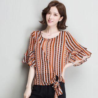 Elbow-sleeve Stripe Chiffon Blouse