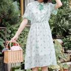 Frill-hem Short-sleeve Printed Chiffon Dress