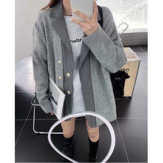 Striped Mock Two-piece Loose-fit Cardigan Gray - One Size