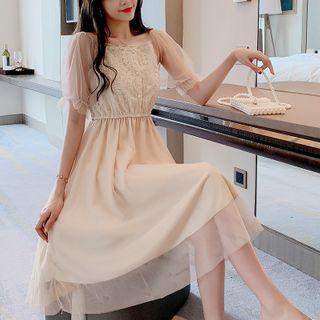 Square Neck Mesh Panel A-line Dress