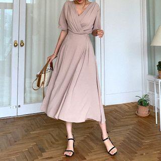 Pleated Button-trim Wrap Dress