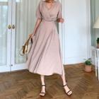 Pleated Button-trim Wrap Dress