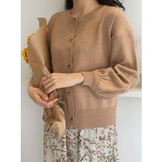Crew-neck Balloon-sleeve Colored Cardigan