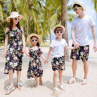 Family Matching Short-sleeve Cold-shoulder Dress/ Short-sleeve T-shirt/ Drawstring Shorts
