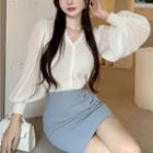 Bishop-sleeve Button-up Knit Top